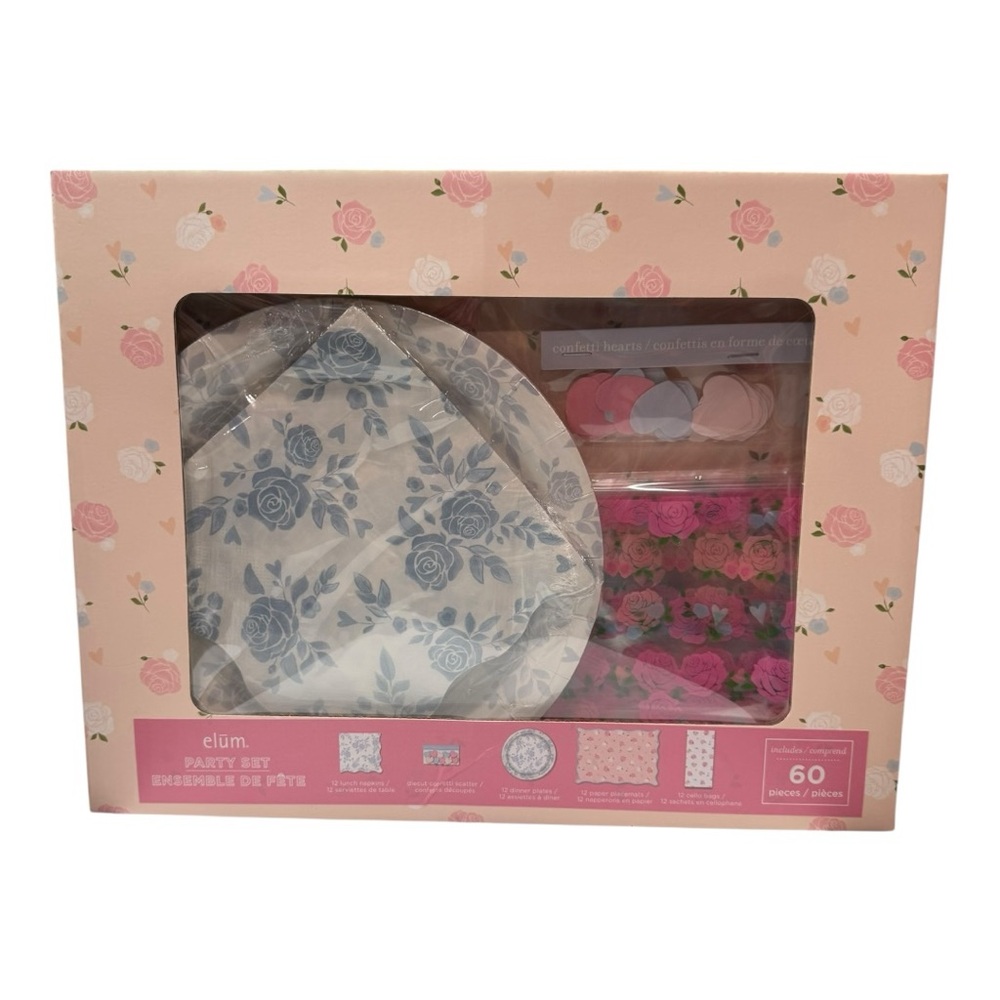 Elum Pink & Blue Floral Party Set – 60 Pieces Tea Party / Shower Decor NEW